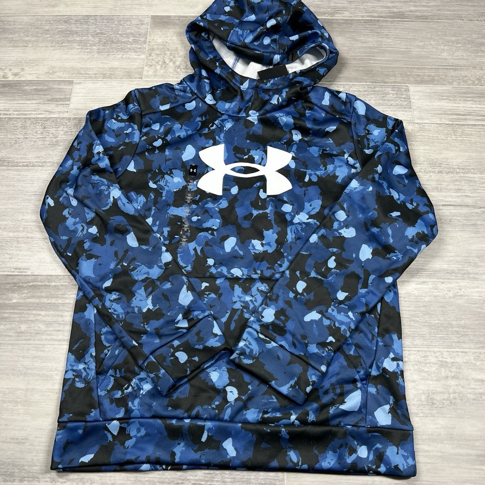 Under Armour Boys Youth Size Large Fleece Big Logo Printed Blue Camo Hoodie NWT
